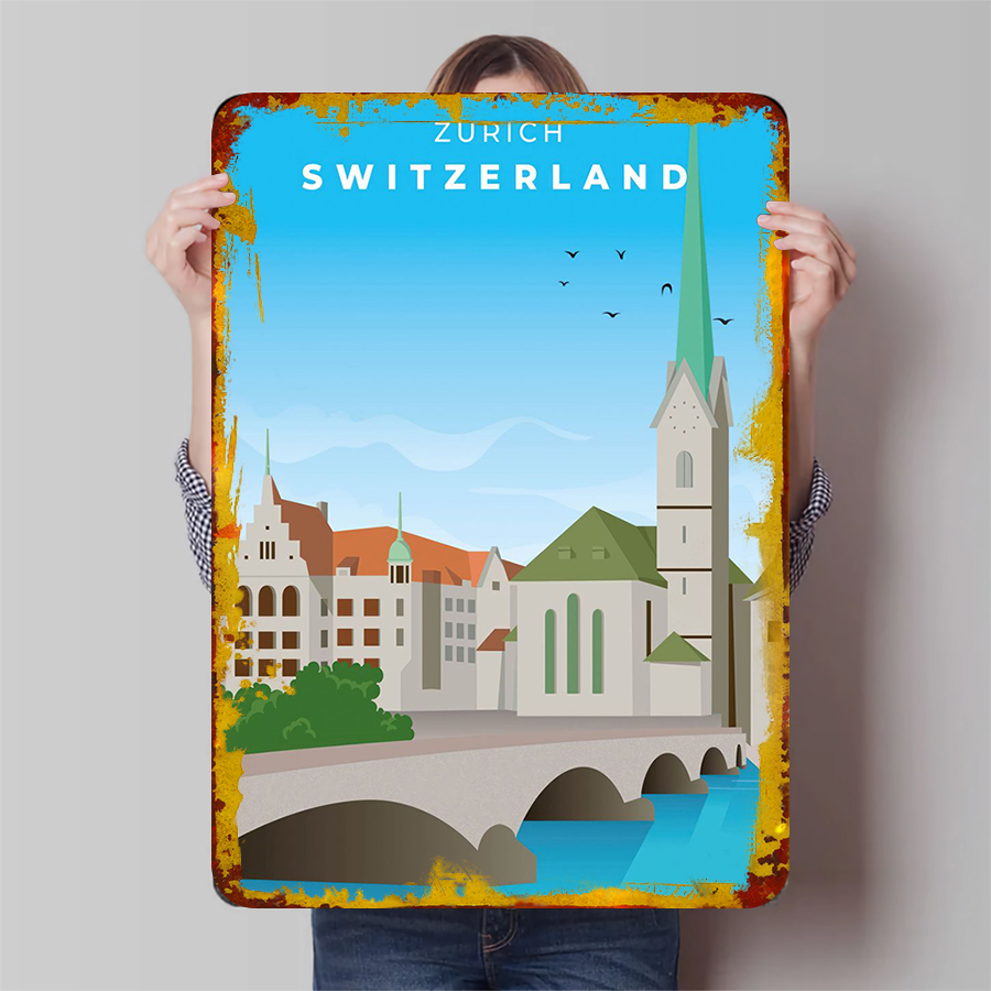 Home Decor Zurich - Zurywka Szwajcaria Krajobraz Miejski Metalowa Dekoracja