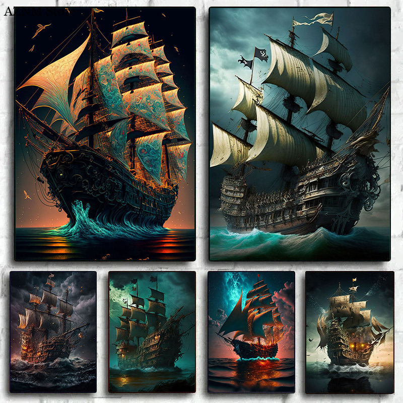 Home Decor Nautical - Abstrakcyjny Plakat z Pirackim Statkiem, Morzem,