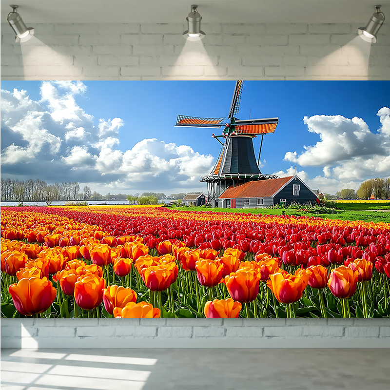 Home Decor Netherlands - Gobelin Ścienny Wiatrak Pole Tulipanów Holandia