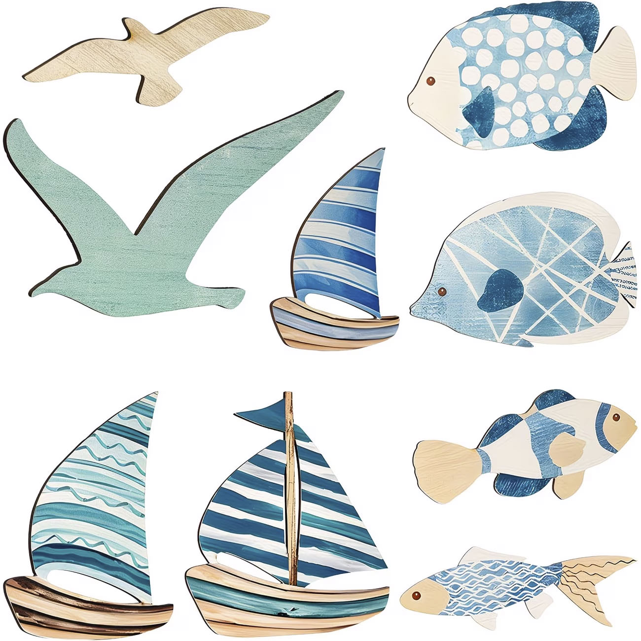 Home Decor Nautical - 9 szt. Drewnianych dekoracji ściennych z