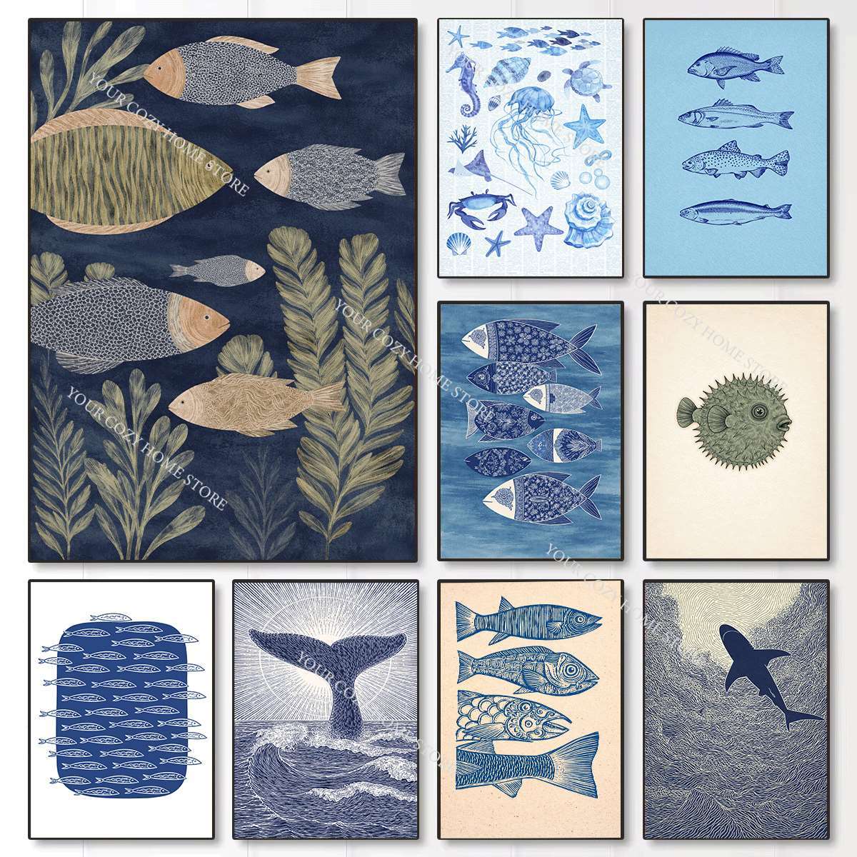 Home Decor Nautical - Minimalistyczny plakat artystyczny z motywem ryb
