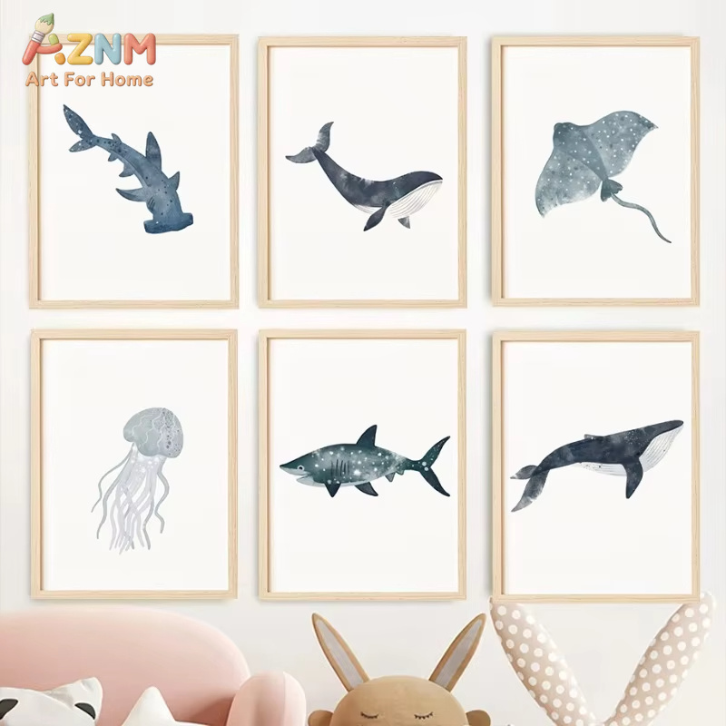 Home Decor Nautical - Plakat Akwarela Zwierzęta Morskie Ocean Wieloryb